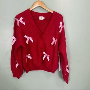 Luna Ivy Cardigan Bow‎ Red Chunky Knit Size Medium